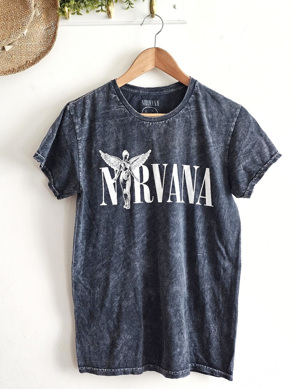 Nirvana In Utero Angel Graphic T-Shirt Small Black Acid Wash Grunge Band Tee